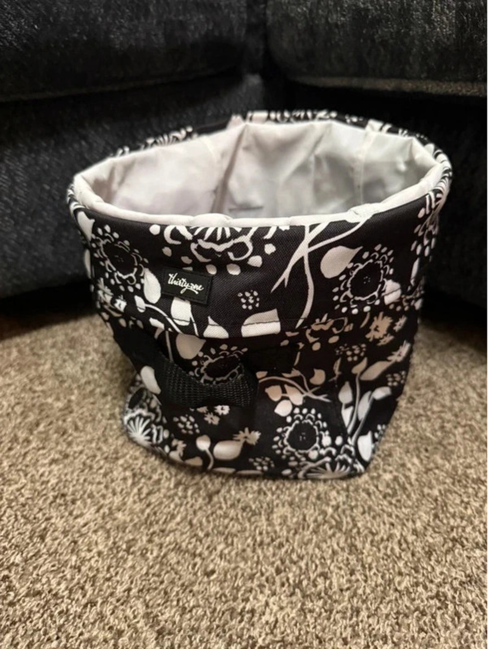 Thirty-One Black White Floral Fabric Storage Basket Bin Organizer